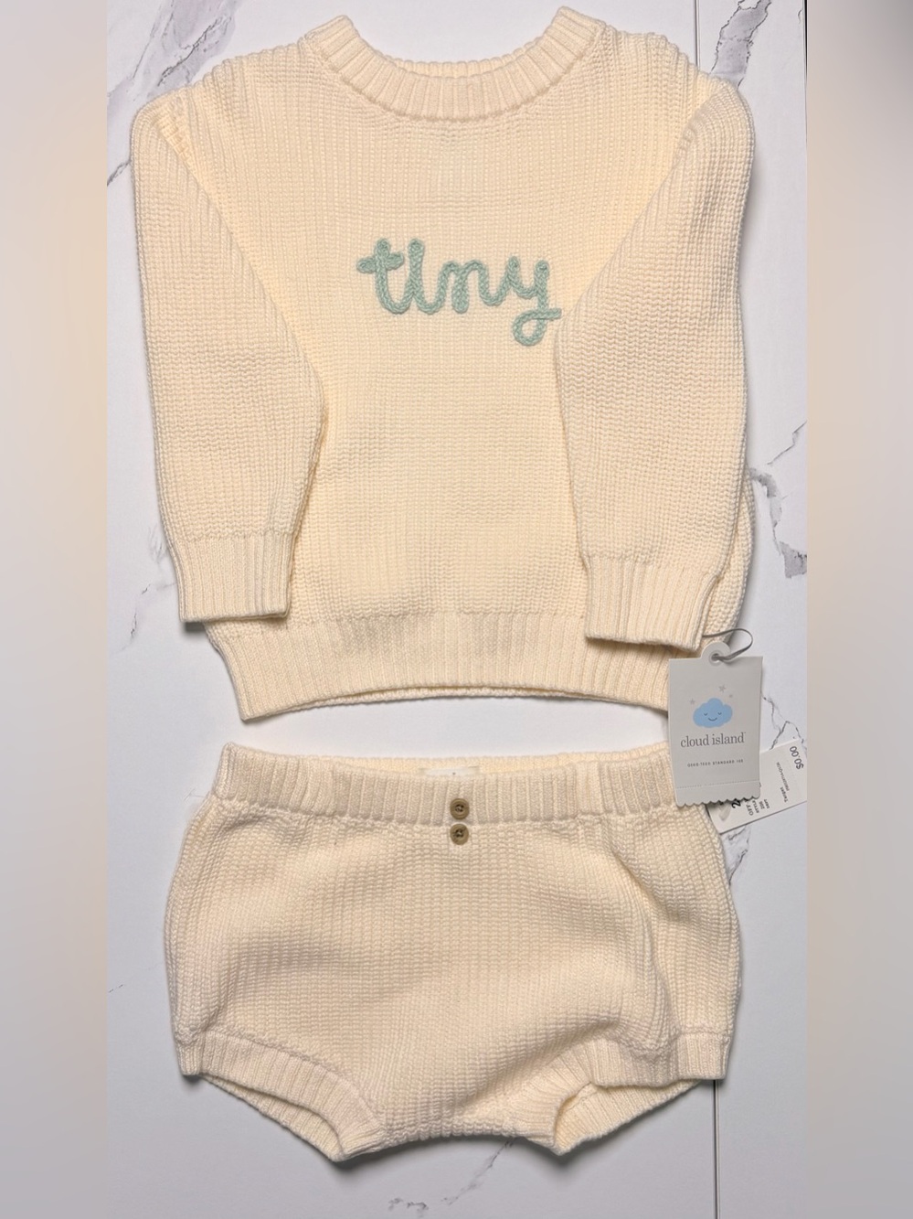 cloud island Cream Knit Sweater & Bloomer Set with 'tiny' Script
